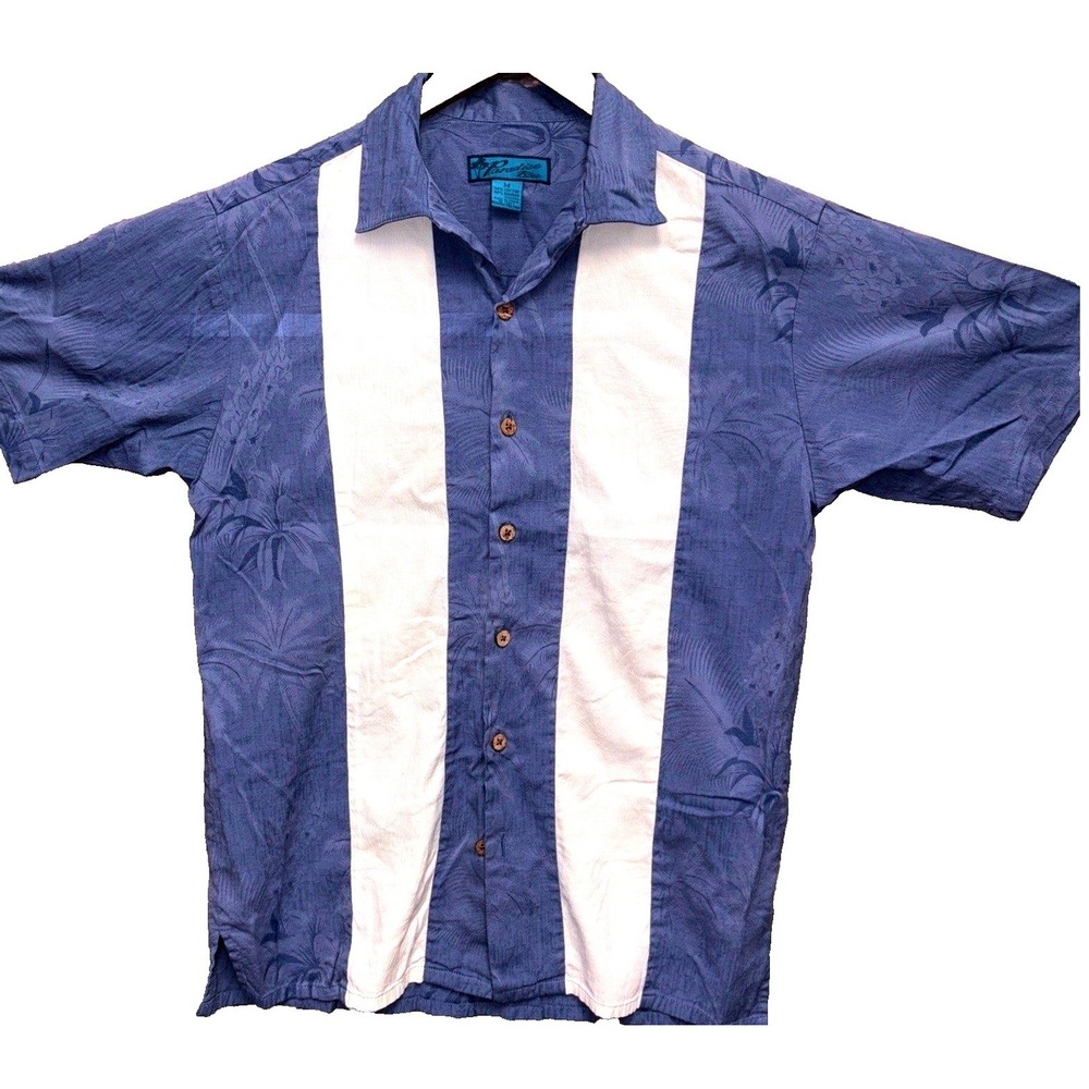 Paradise Blue Mens Tropical Jacquard Shirt Blue White Panel Bamboo Cotton Medium